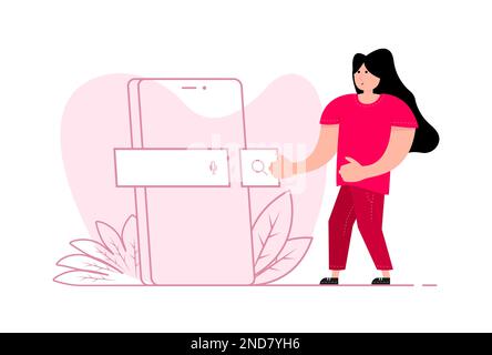 A woman stands near the smartphone, on the screen Search Bar. Search Address and navigation bar. Stock Vector