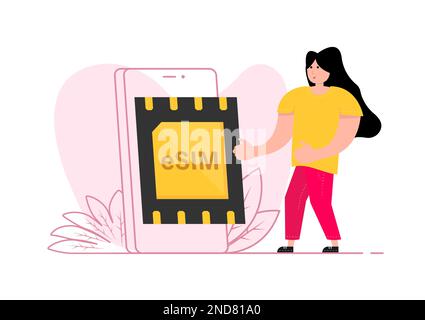 A man stands near the smartphone, on the screen eSim chip. Embedded SIM. Vector stock illustration. Stock Vector