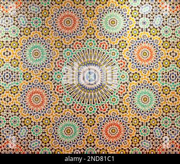 Close-up on a Moroccan geometric pattern in mosaic from Fez in Morocco. Stock Photo