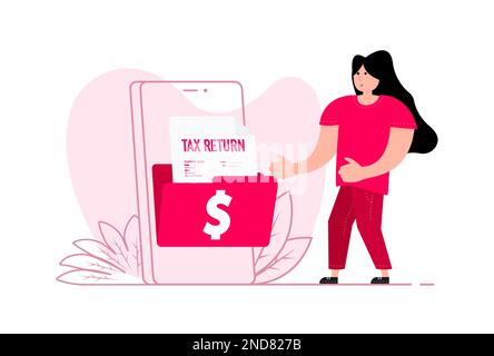 A woman stands near the smartphone, on the screen Tax return document. Tax declaration Stock Vector