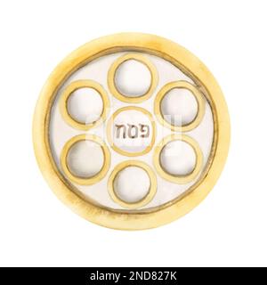 Watercolor round gold Pesah plate for Passover seder, empty plate for traditional Jewish holiday food isolated on white background Stock Photo