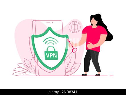 A man stands near the smartphone, on the screen VPN icon. Virtual Private Network. Stock Vector