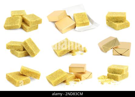 Set with bouillon cubes on white background Stock Photo