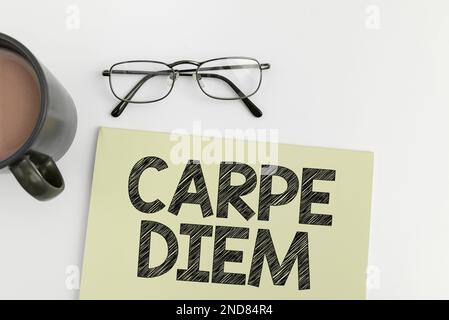 Sign displaying Carpe Diem. Word for public festival which people play music and dance Stock Photo