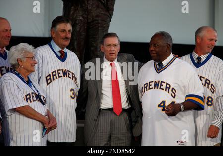 Hank Aaron of the Milwaukee Brewers poses for a portrait before a