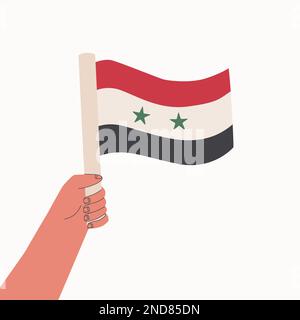 Flag of Syria. Human hand holds flag of country. Vector cartoon illustration. Stock Vector