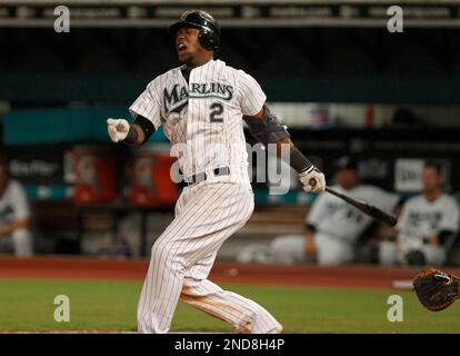 Florida Marlins' Hanley Ramirez reacts after a swing and miss by a pitch  from New York Mets R.A. Dickey during the first inning at Sun Life Stadium  in Miami Gardens, Florida, Sunday