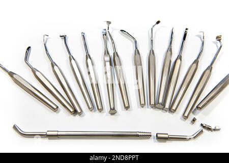 Dental instruments on white background isolated Stock Photo