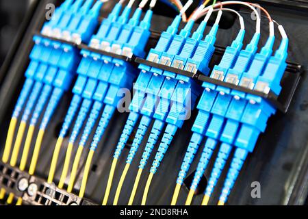 Fiber optic connectors cable in rack box Stock Photo
