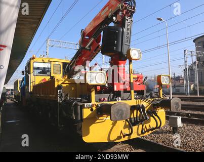Cracow. Krakow. Poland. Mobile railway crane on the rails. Stock Photo