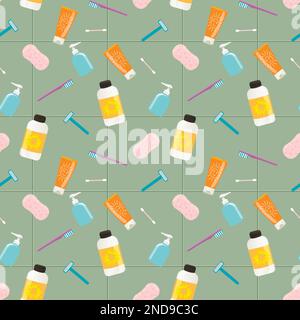 Seamless vector pattern of bath tubes, bottles, razers and sponges against olive tiled wall Stock Vector