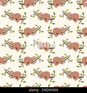 Vector hand drawn cute cartoon sloth on a tree branch smelling the coffee. Seamless pattern Stock Vector