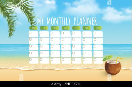 Marine life monthly planner with a palm tree and a coconut.  Vector stationary template Stock Vector