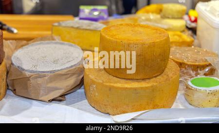 Many Goat Sheep Milk Aged Cheese Wheels Dairy Products Stock Photo