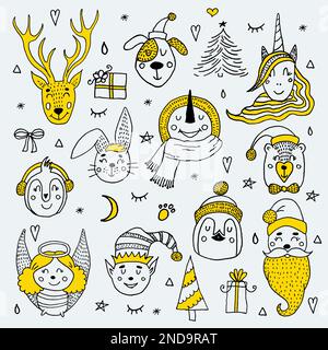 Vector set of cute characters. New year Christmas Winter Collection Stock Vector
