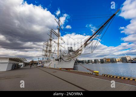 Gdynia, Poland - April 2022: Big three-masted sailing ship 'Dar Pomorza' with museum inside moored in harbor Stock Photo
