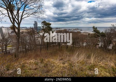 Gdynia, Poland - April 2022: Landscape panorama of city and sea coast seen from small square with viewpoint Kamienna Gora Stock Photo