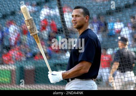 Alex Rodriguez of the Texas Rangers before a 2002 MLB season game against  the Los Angeles Angels at Angel Stadium, in Los Angeles, California. (Larry  Goren/Four Seam Images via AP Images Stock