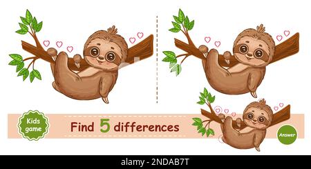 Cute lazy sloth rest hanging on tree branch, find 5 difference puzzle education children game. Slow tropical animal. Kid logical learning task vector Stock Vector