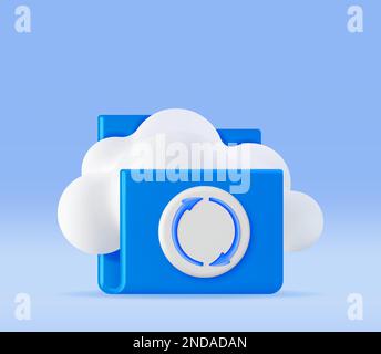 3D Folder in Clouds with File Sync Icon Stock Vector