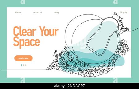 Continuous one line drawing landing page of cleaning company cleaning services. Easy to place your text and brand logo Stock Vector