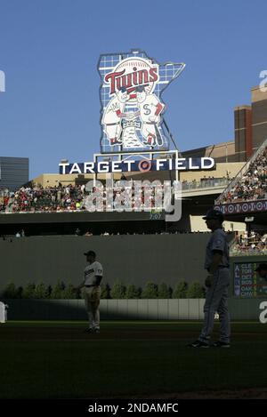 The Target Field sign featuring the Minnie and Paul logo stands over the  field during a baseball game between the Minnesota Twins and the Seattle  Mariners, Saturday July 31, 2010 in Minneapolis. (