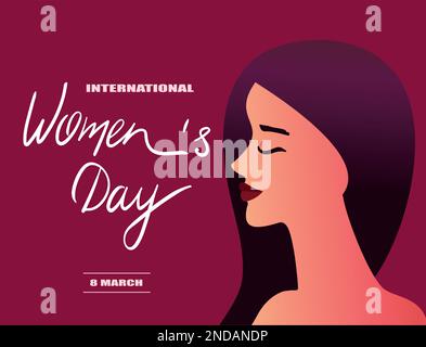 International Women's Day greeting poster. Beautiful woman on burgundy color background. Minimal. Hand drawn text Women's Day. For template, veb, desi Stock Vector
