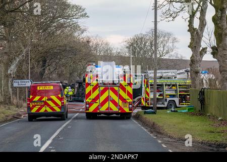 A947, King Edward, Aberdeenshire, UK. 15th Feb, 2023. This is the scene of the Tanker Artic Truck that appears to have crashed, overturned and caught fire. The Road was closed and will be for some time. Credit: JASPERIMAGE/Alamy Live News Stock Photo