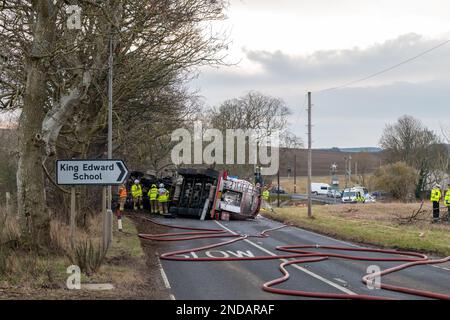 A947, King Edward, Aberdeenshire, UK. 15th Feb, 2023. This is the scene of the Tanker Artic Truck that appears to have crashed, overturned and caught fire. The Road was closed and will be for some time. Credit: JASPERIMAGE/Alamy Live News Stock Photo