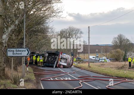 A947, King Edward, Aberdeenshire, UK. 15th Feb, 2023. This is the scene of the Tanker Artic Truck that appears to have crashed, overturned and caught fire. The Road was closed and will be for some time. Credit: JASPERIMAGE/Alamy Live News Stock Photo