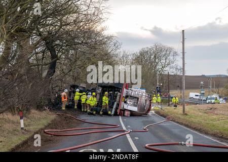 A947, King Edward, Aberdeenshire, UK. 15th Feb, 2023. This is the scene of the Tanker Artic Truck that appears to have crashed, overturned and caught fire. The Road was closed and will be for some time. Credit: JASPERIMAGE/Alamy Live News Stock Photo