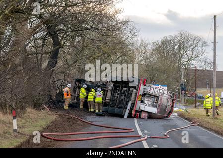 A947, King Edward, Aberdeenshire, UK. 15th Feb, 2023. This is the scene of the Tanker Artic Truck that appears to have crashed, overturned and caught fire. The Road was closed and will be for some time. Credit: JASPERIMAGE/Alamy Live News Stock Photo