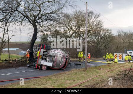 A947, King Edward, Aberdeenshire, UK. 15th Feb, 2023. This is the scene of the Tanker Artic Truck that appears to have crashed, overturned and caught fire. The Road was closed and will be for some time. Credit: JASPERIMAGE/Alamy Live News Stock Photo