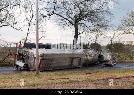 A947, King Edward, Aberdeenshire, UK. 15th Feb, 2023. This is the scene of the Tanker Artic Truck that appears to have crashed, overturned and caught fire. The Road was closed and will be for some time. Credit: JASPERIMAGE/Alamy Live News Stock Photo