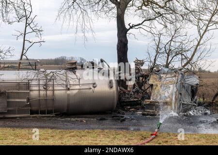 A947, King Edward, Aberdeenshire, UK. 15th Feb, 2023. This is the scene of the Tanker Artic Truck that appears to have crashed, overturned and caught fire. The Road was closed and will be for some time. Credit: JASPERIMAGE/Alamy Live News Stock Photo