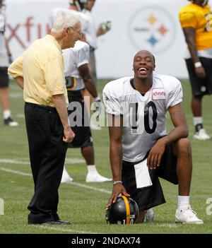 Pittsburgh Steelers quarterback Dennis Dixon (10) talks with Steelers  Chairman Emeritus and U.S. Ambassador to Ireland, Dan Rooney during the NFL  football team's training camp session in Latrobe, Pa. Wednesday, Aug. 4,  2010. (AP Photo/Keith Srakocic