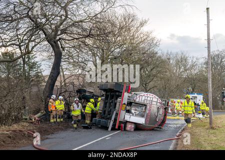 A947, King Edward, Aberdeenshire, UK. 15th Feb, 2023. This is the scene of the Tanker Artic Truck that appears to have crashed, overturned and caught fire. The Road was closed and will be for some time. Credit: JASPERIMAGE/Alamy Live News Stock Photo