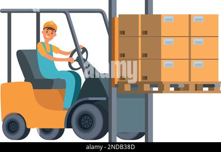 worker driving forklift cardboard boxes warehouse logistic vector ...
