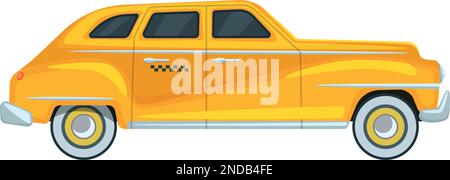Yellow retro car with checkered pattern. Cartoon taxi side view Stock Vector