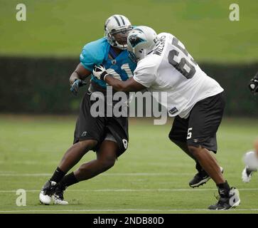 Carolina Panthers defensive end Everette Brown (91) walks off the