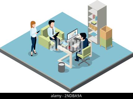 Office room interior. Isometric people working scene Stock Vector