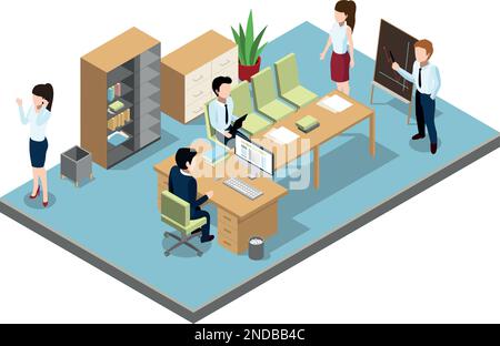 Isometric conference room with workers. Business meeting office Stock Vector