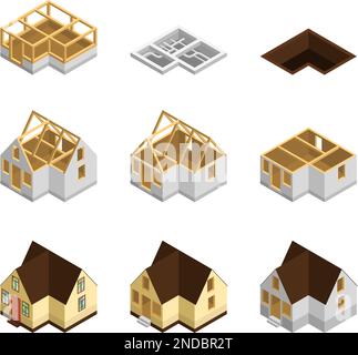 Isometric house construction stages. Urban development process Stock ...