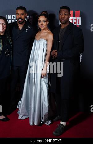 Jonathan Majors, left, and Michael B. Jordan arrive at the Vanity