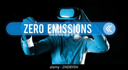 Hand writing sign Zero Emissions. Word for emits no waste products that pollute the environment Stock Photo