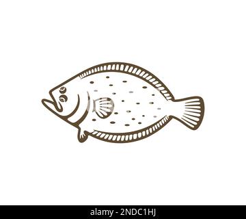 Flounder, fish, fishing, animal, seafood and food, silhouette and graphic design. Flatfish, plaice, turbot, halibut, angling and nature, vector design Stock Vector