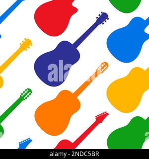 Different style colorful guitars seamless vector pattern on a white background. Stock Vector