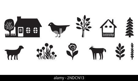 Rustic vector elements for cottage core motif set. House, bird, plantlife and botanicals isolated clip art.  Stock Vector