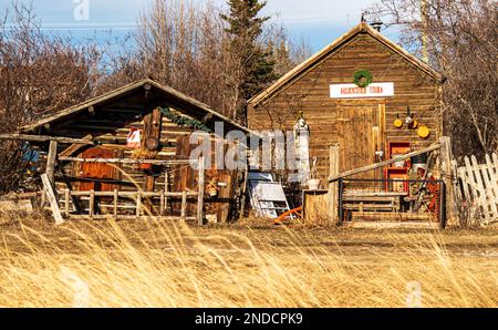 Pioneer buildings in Atlin, British Columbia, still being used.  Atlin is in the traditional indigenous territory of the Taku River Tlingit people. Stock Photo