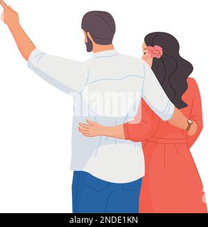 Happy couple together rear view. Loving relationship isolated on white background Stock Vector